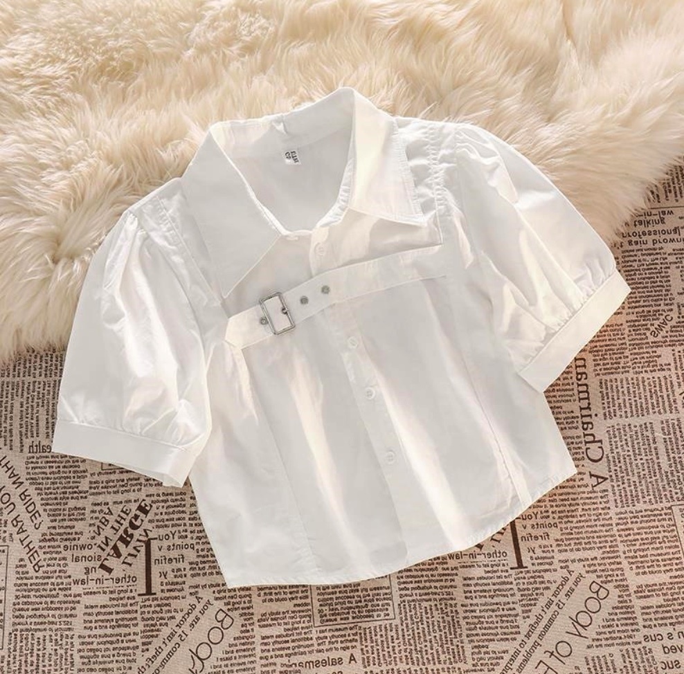 Hot Selling Lapel Puff Short Sleeve Shirt (White) (Size: One Size)