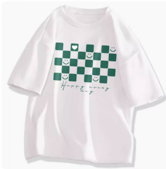 Hot selling short-sleeved cotton t-shirt [white (chessboard heart green)] [S-2XL size] (please contact customer service to confirm the delivery size after placing the order)
