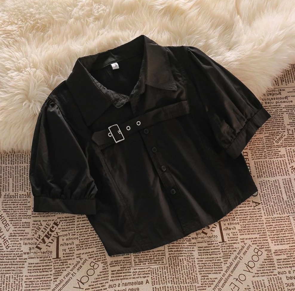 Hot Selling Lapel Puff Short Sleeve Shirt (Black) (Size: One Size)
