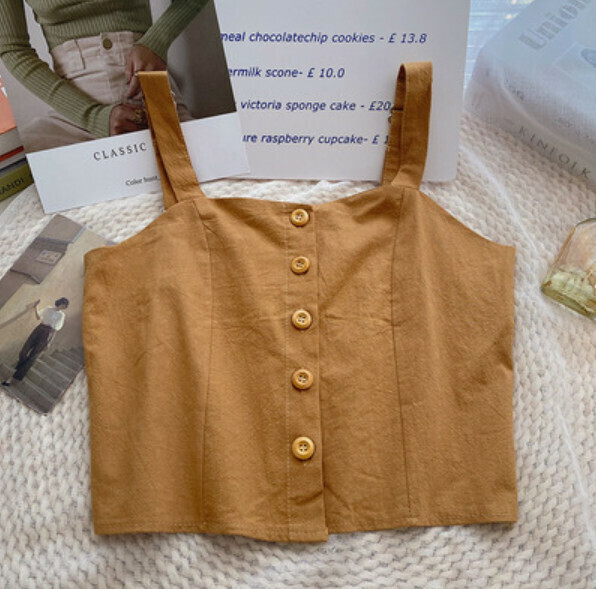 Summer cotton and linen short vest (khaki) [one size]