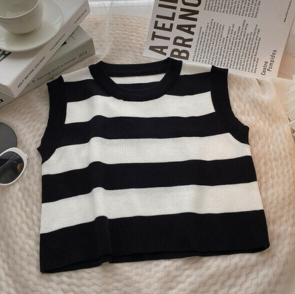 Color-blocked crewneck cropped pullover knit vest (black) [one size]