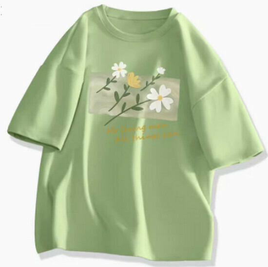 Hot selling short-sleeved cotton T-shirt [Fruit green (cool flower season)] [S-2XL size] (please contact customer service to confirm the delivery size after placing the order)