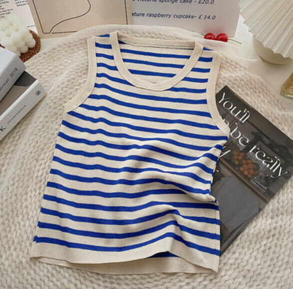 Striped sleeveless cropped vest (blue) [one size]