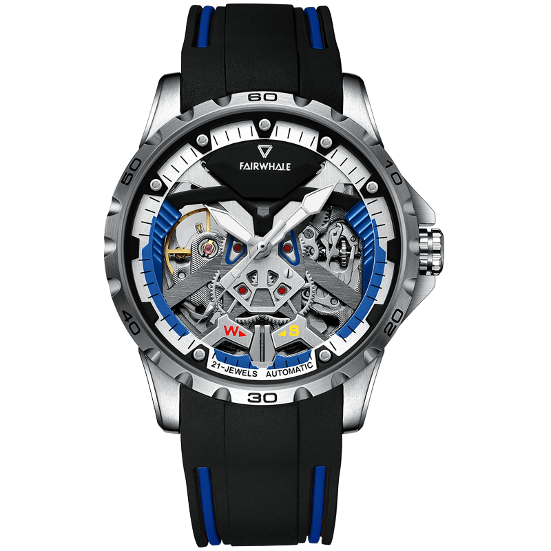 【Mark Fairwhale 馬克菲爾】 FW-6340雅致多色雙面鏤空機械狂徒星際翱翔夜光矽膠全自動機械錶