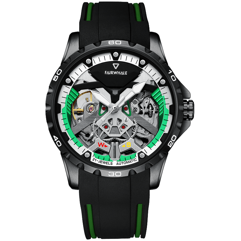 【Mark Fairwhale 馬克菲爾】 FW-6340雅致多色雙面鏤空機械狂徒星際翱翔夜光矽膠全自動機械錶