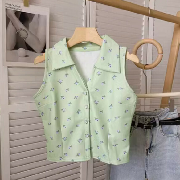 Summer Small Floral Lapel Vest (Green) [One Size]
