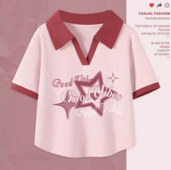 Hot selling v-neck t-shirt polo shirt [Light Pink (Sparkling Star)] [S-2XL] (please contact customer service to confirm the delivery size after placing the order)
