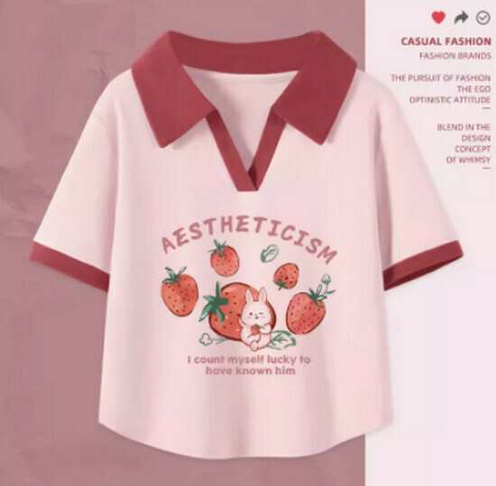Hot selling v-neck t-shirt polo shirt [light pink (strawberry rabbit)] [S-2XL size] (please contact customer service to confirm the delivery size after placing the order)
