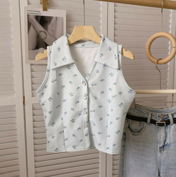 Summer Floral-Lapel Vest (Light Blue) [One Size]