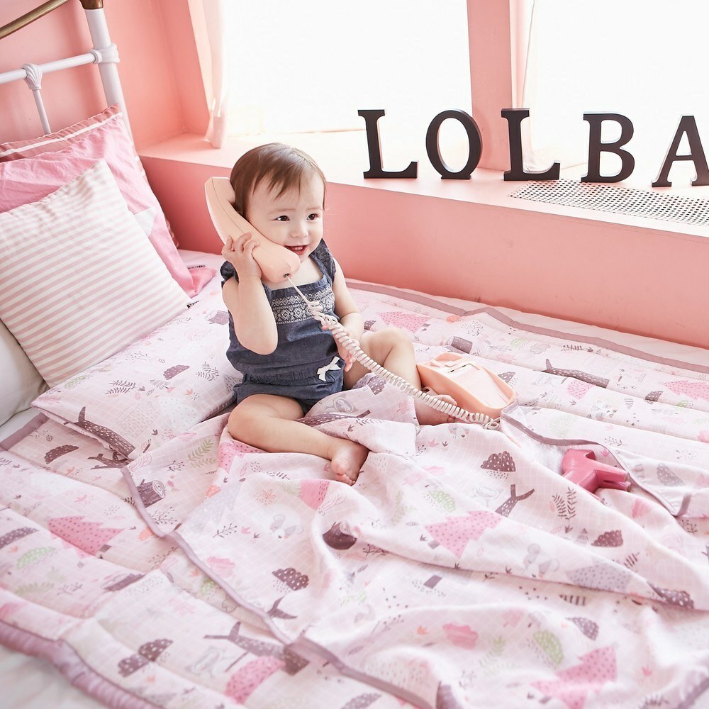 lolbaby韓國 Rayon防靜電輕薄柔軟三合一枕被床墊組｜夢幻粉森林