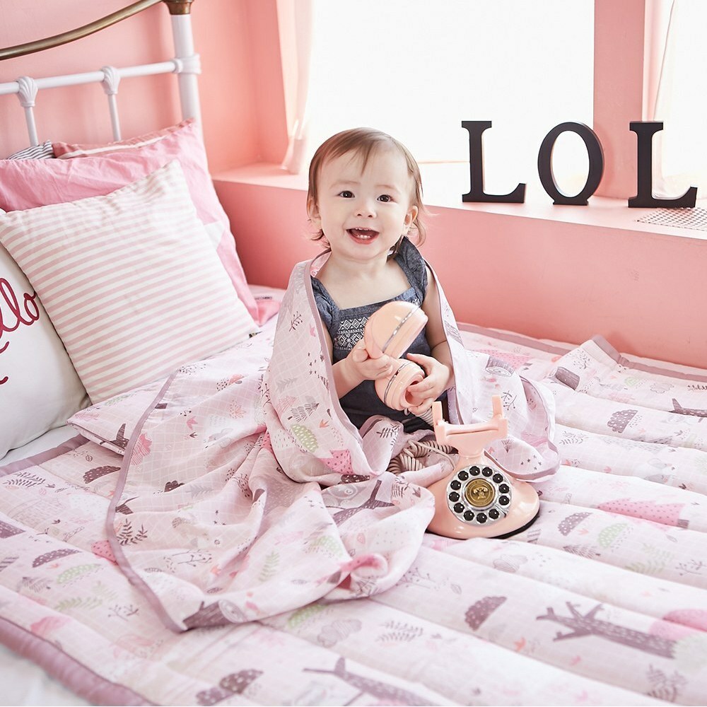 lolbaby韓國 Rayon防靜電輕薄柔軟三合一枕被床墊組｜夢幻粉森林