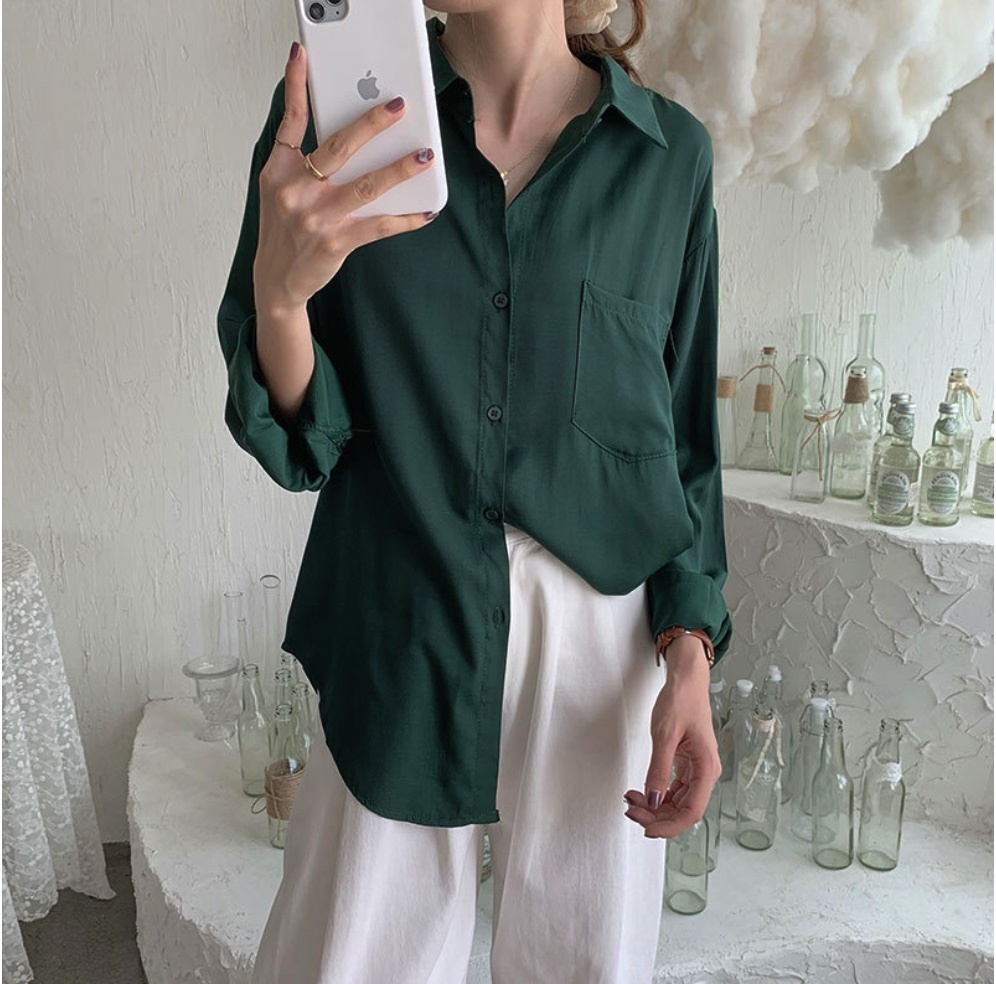 Hot selling design niche autumn long-sleeved shirt for women (dark green) (size: one size fits all)