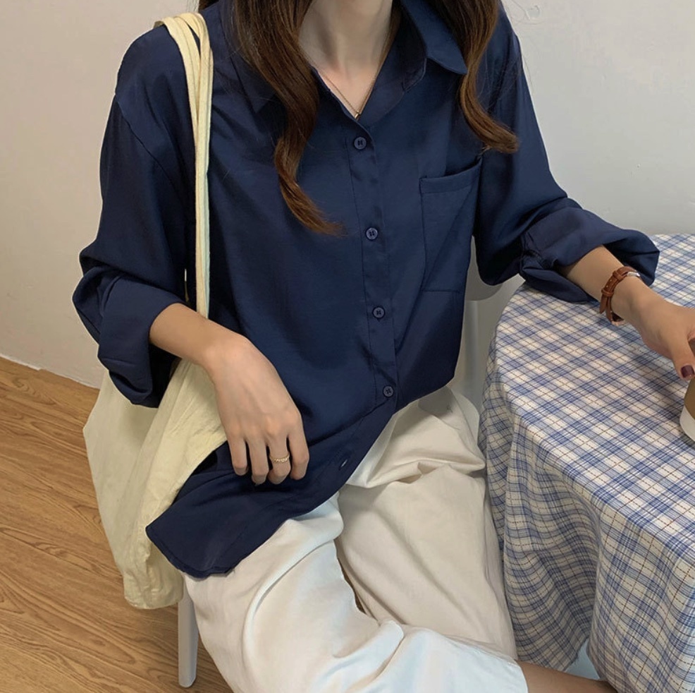 Hot Selling Design Niche Autumn Long Sleeve Shirt for Women (Navy Blue) (Size: One Size)