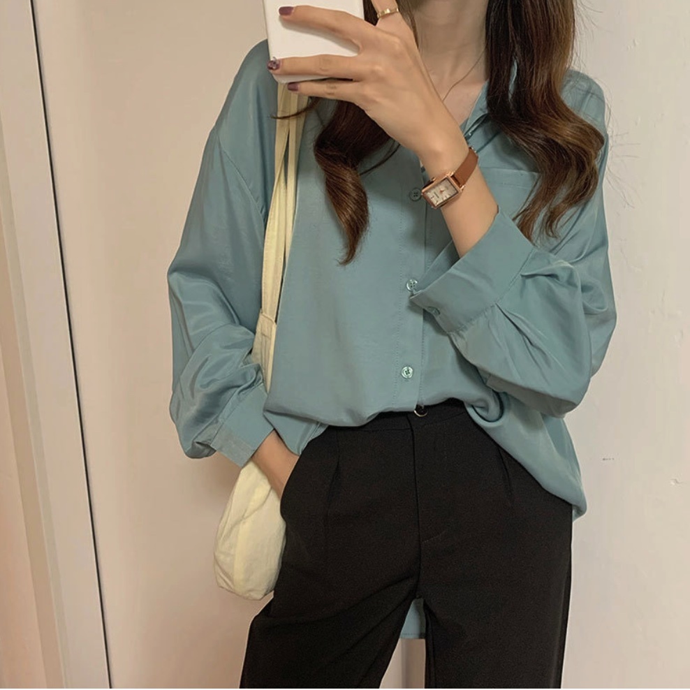 Hot selling design niche autumn long-sleeved shirt for women (cyan) (size: one size fits all)