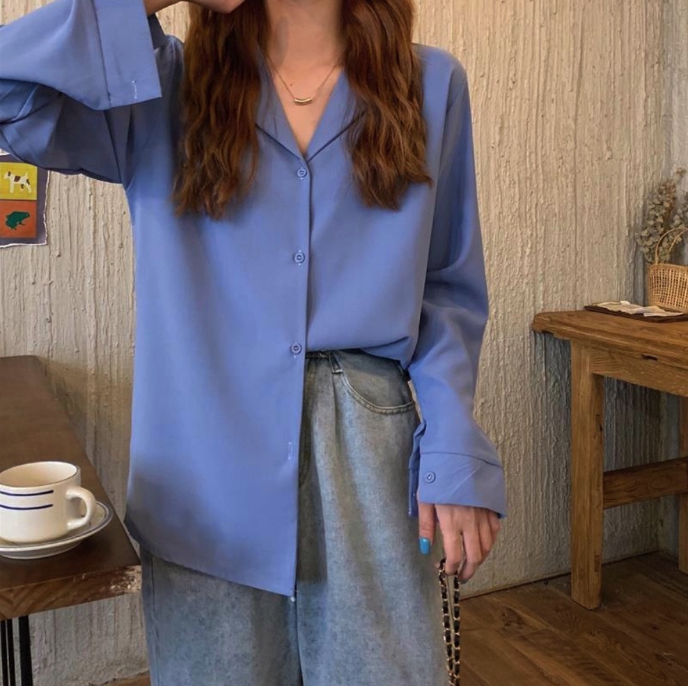 Hot selling V-neck French suit collar long-sleeved shirt for women (blue) (size: one size)
