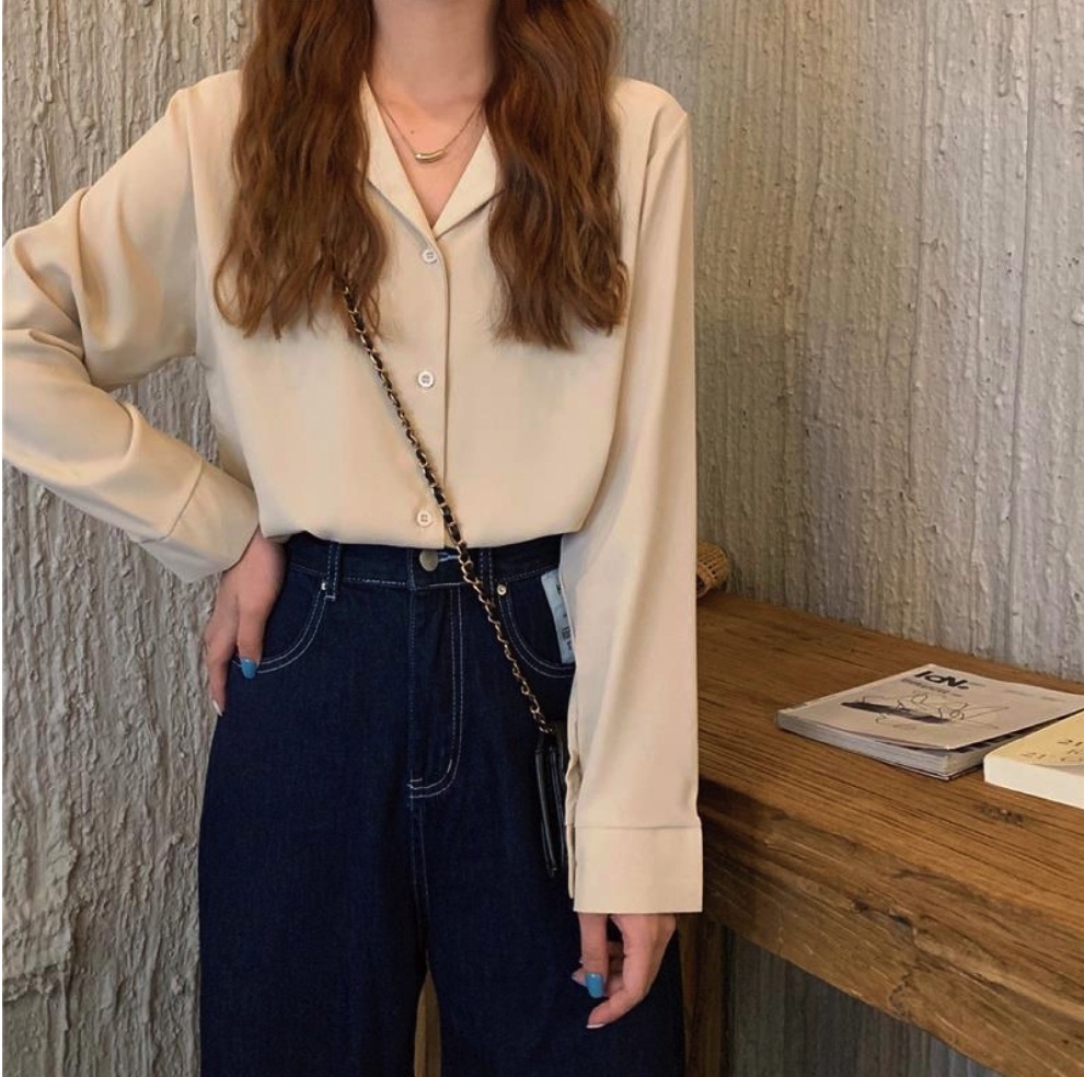 Hot selling V-neck French suit collar long-sleeved shirt for women (apricot) (size: one size fits all)