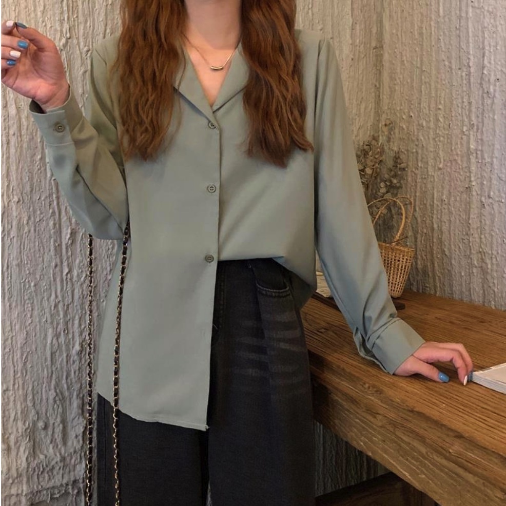 Hot selling V-neck French suit collar long-sleeved shirt for women (green) (size: one size fits all)