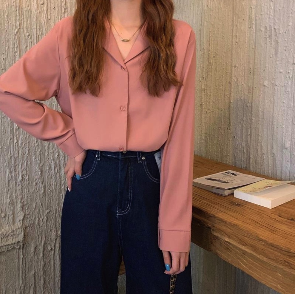 Hot selling V-neck French suit collar long-sleeved shirt for women (pink) (size: one size fits all)