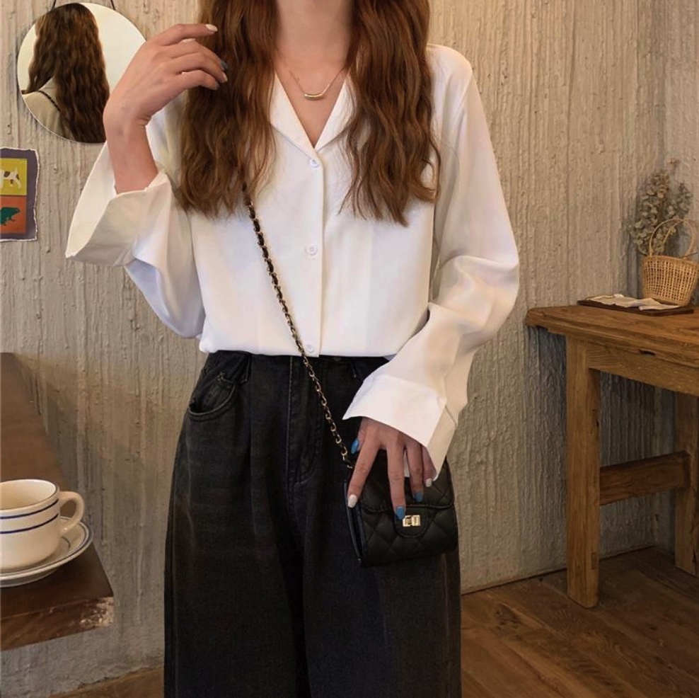 Hot selling V-neck French suit collar long-sleeved shirt for women (white) (size: one size fits all)