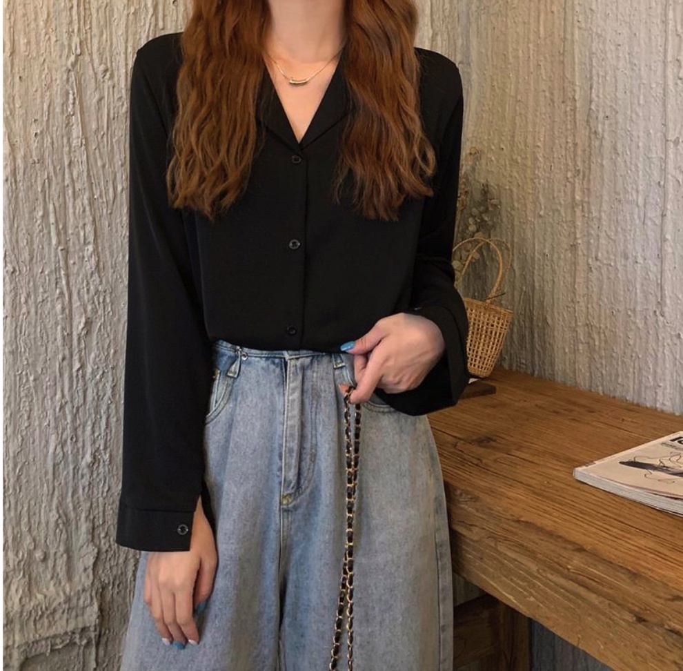Hot selling V-neck French suit collar long-sleeved shirt for women (black) (size: one size fits all)