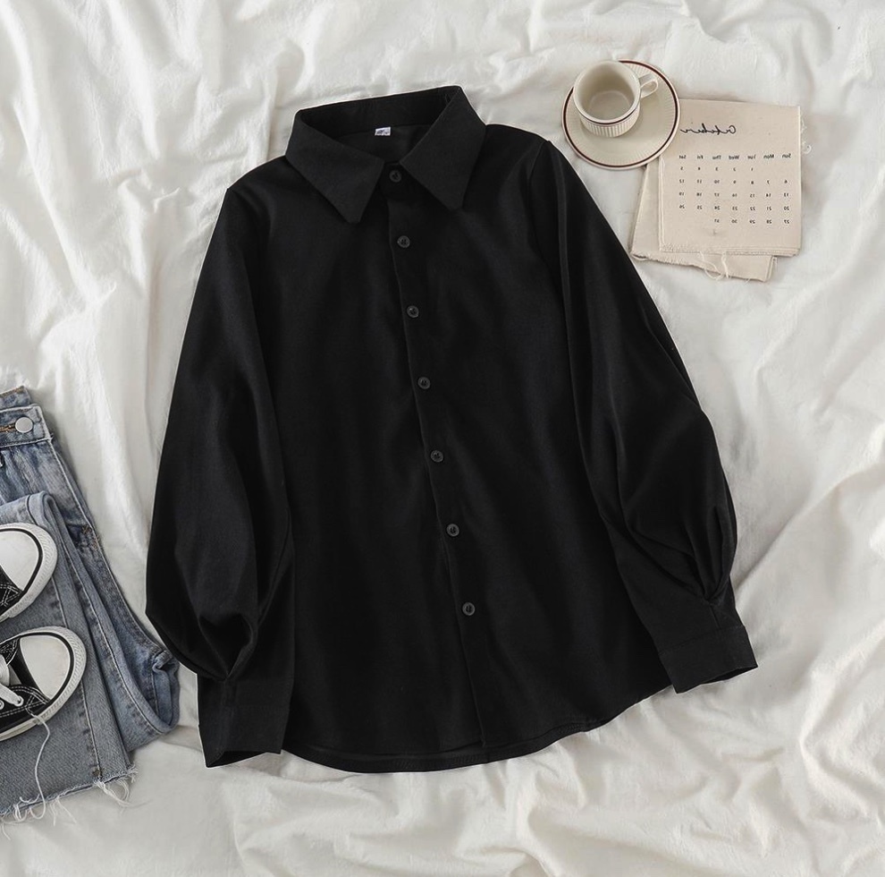 Hot Selling Lantern Sleeve Loose Casual Chic Shirt for Women (Black) (Size: One Size)