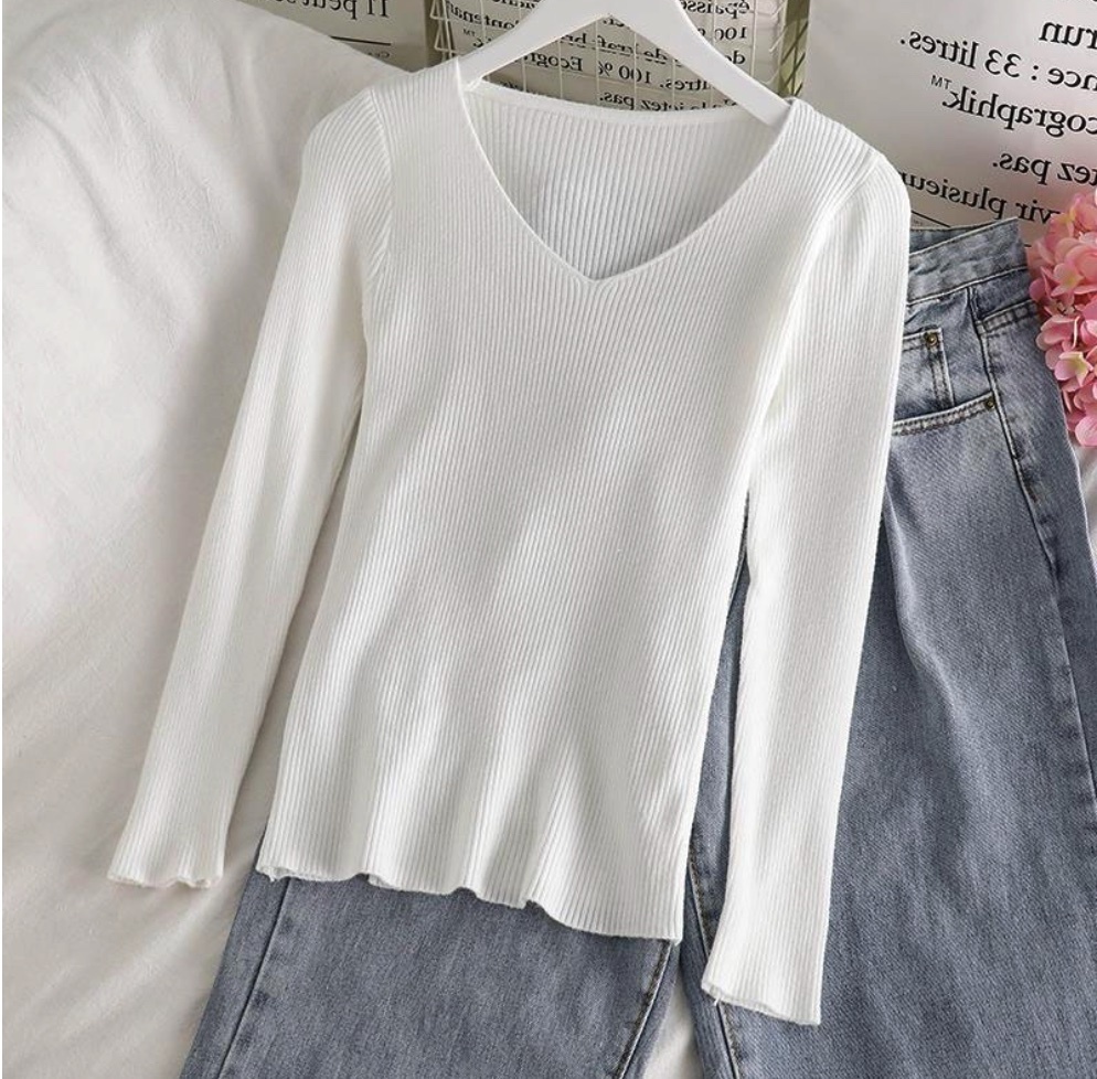 Hot selling temperament v-neck bottoming shirt niche long-sleeved sweater (white) (size: one size fits all)