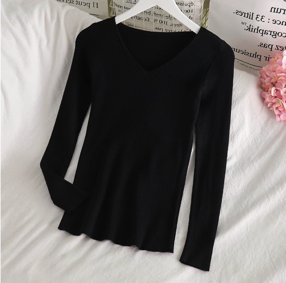 Hot selling temperament v-neck bottoming shirt niche long-sleeved sweater (black) (size: one size fits all)