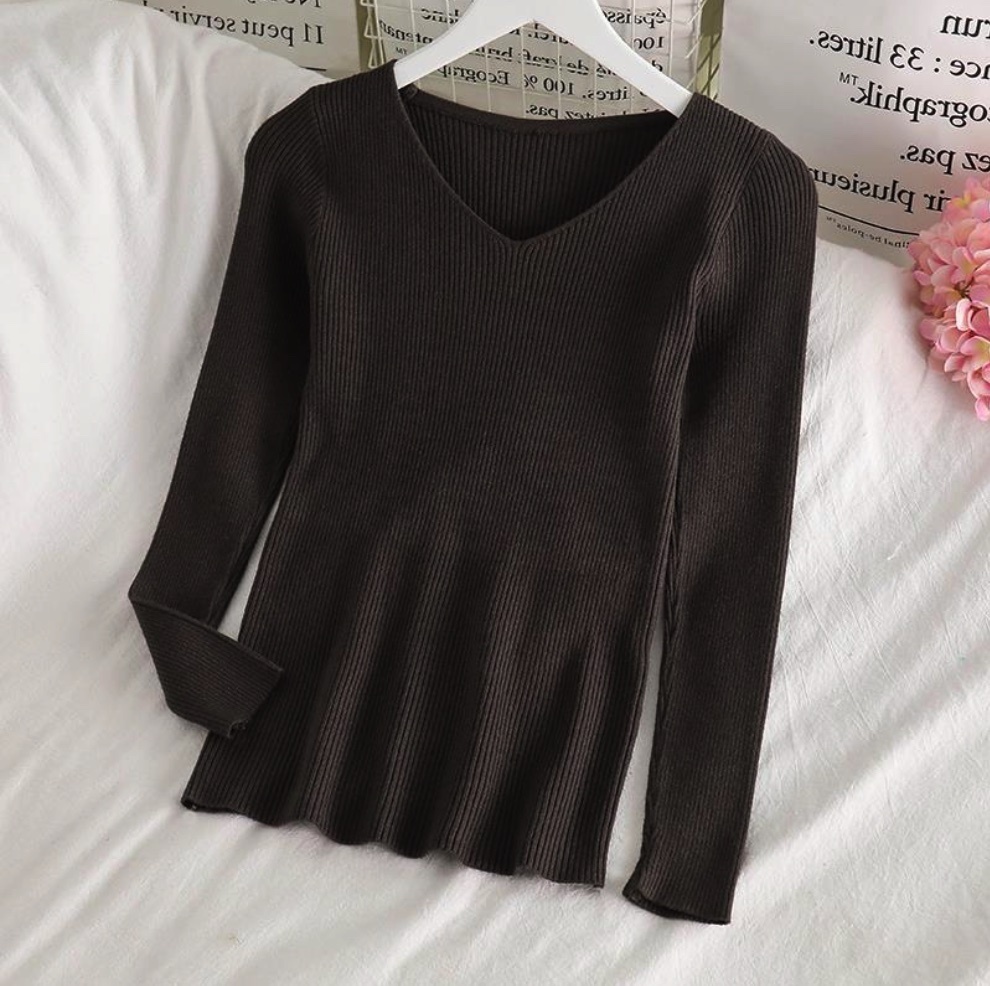 Hot selling temperament v-neck bottoming shirt niche long-sleeved sweater (coffee) (size: one size)