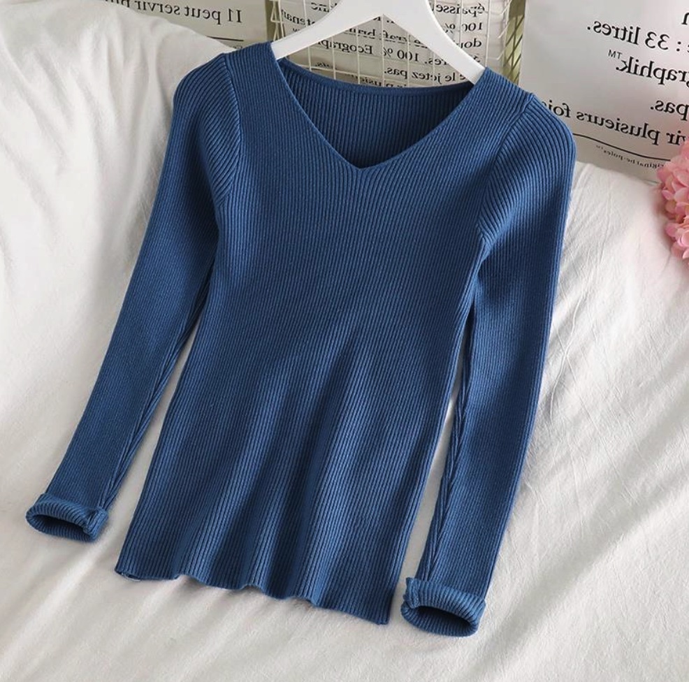 Hot selling temperament v-neck bottoming shirt niche long-sleeved sweater (denim blue) (size: one size fits all)