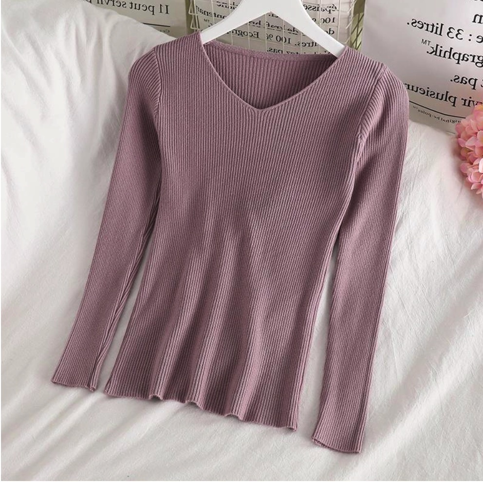 Hot selling temperament v-neck bottoming shirt niche long-sleeved sweater (light purple) (size: one size)