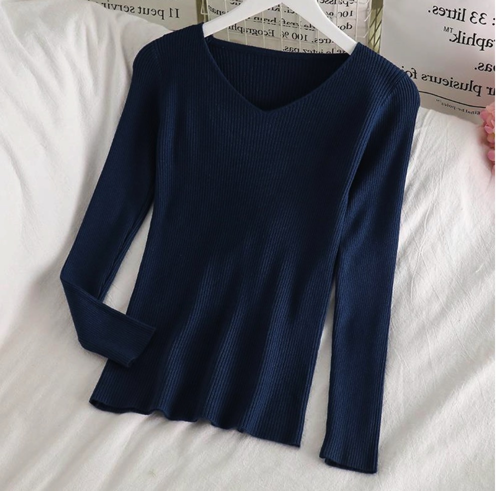 Hot selling temperament v-neck bottoming shirt niche long-sleeved sweater (dark blue) (size: one size)