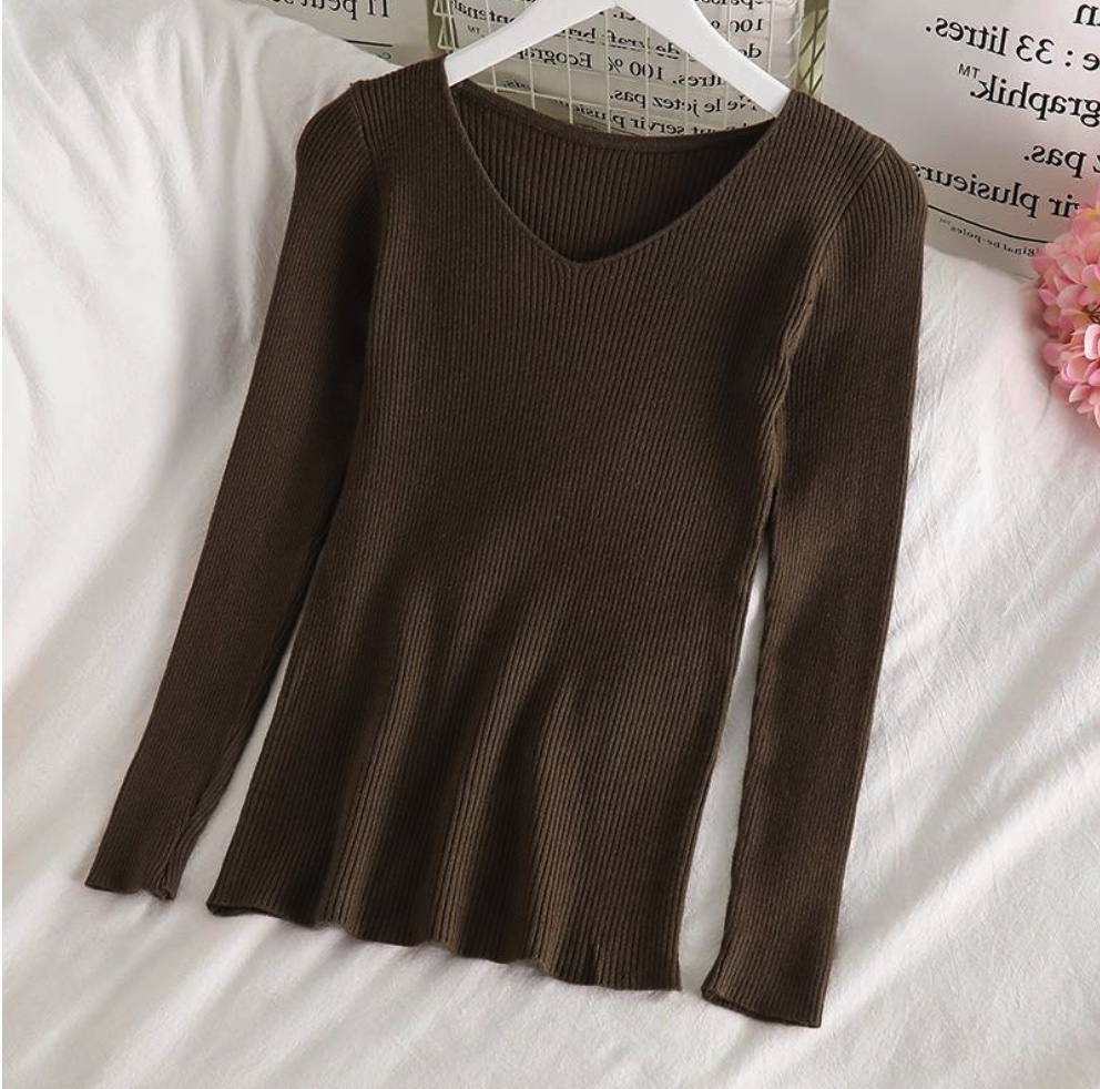 Hot selling temperament v-neck bottoming shirt niche long-sleeved sweater (dark brown) (size: one size fits all)