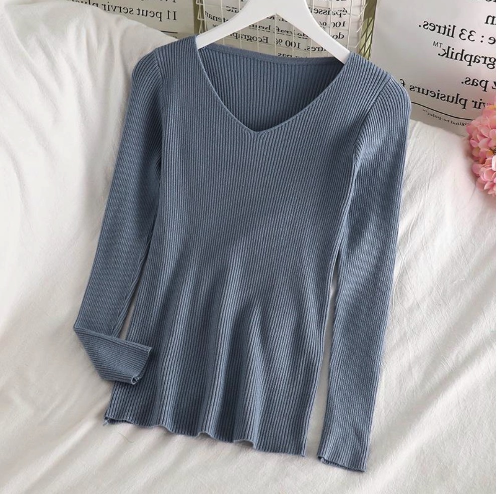 Hot selling temperament v-neck bottoming shirt niche long-sleeved sweater (Mist Blue) (Size: One size fits all)