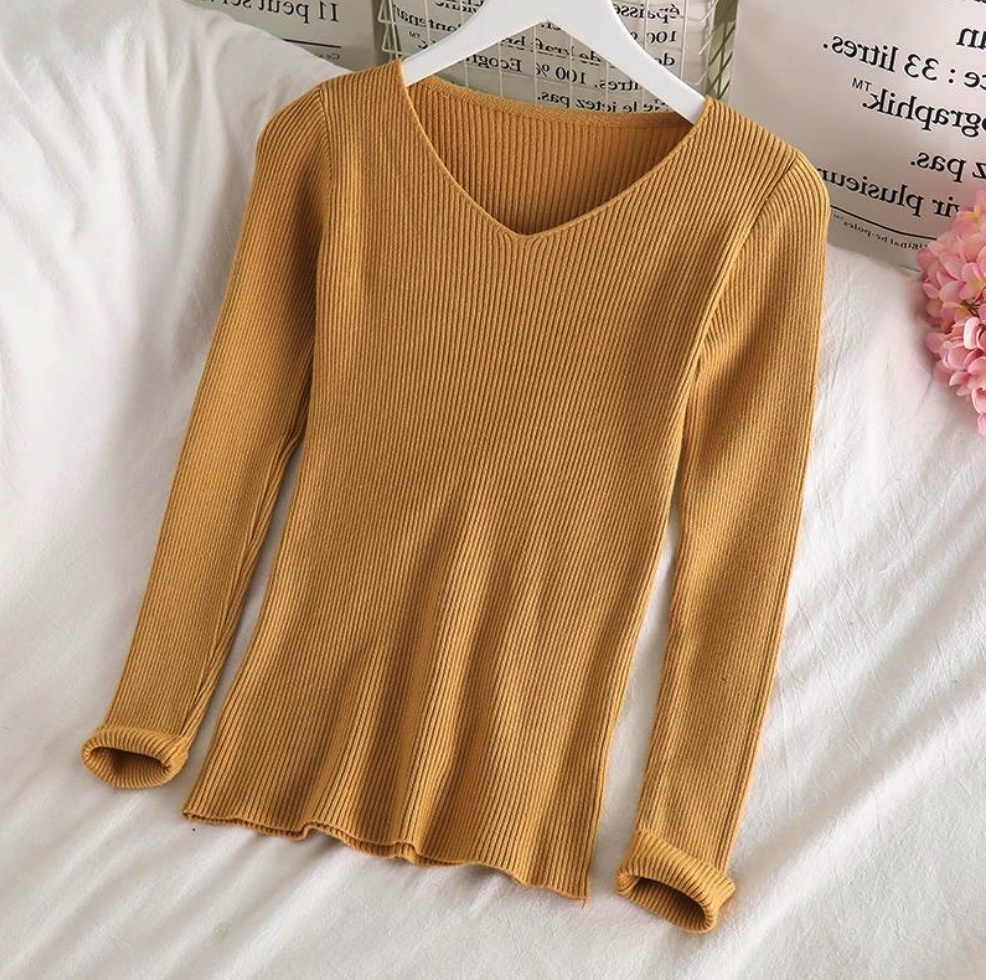 Hot selling temperament v-neck bottoming shirt niche long-sleeved sweater (apricot yellow) (size: one size fits all)