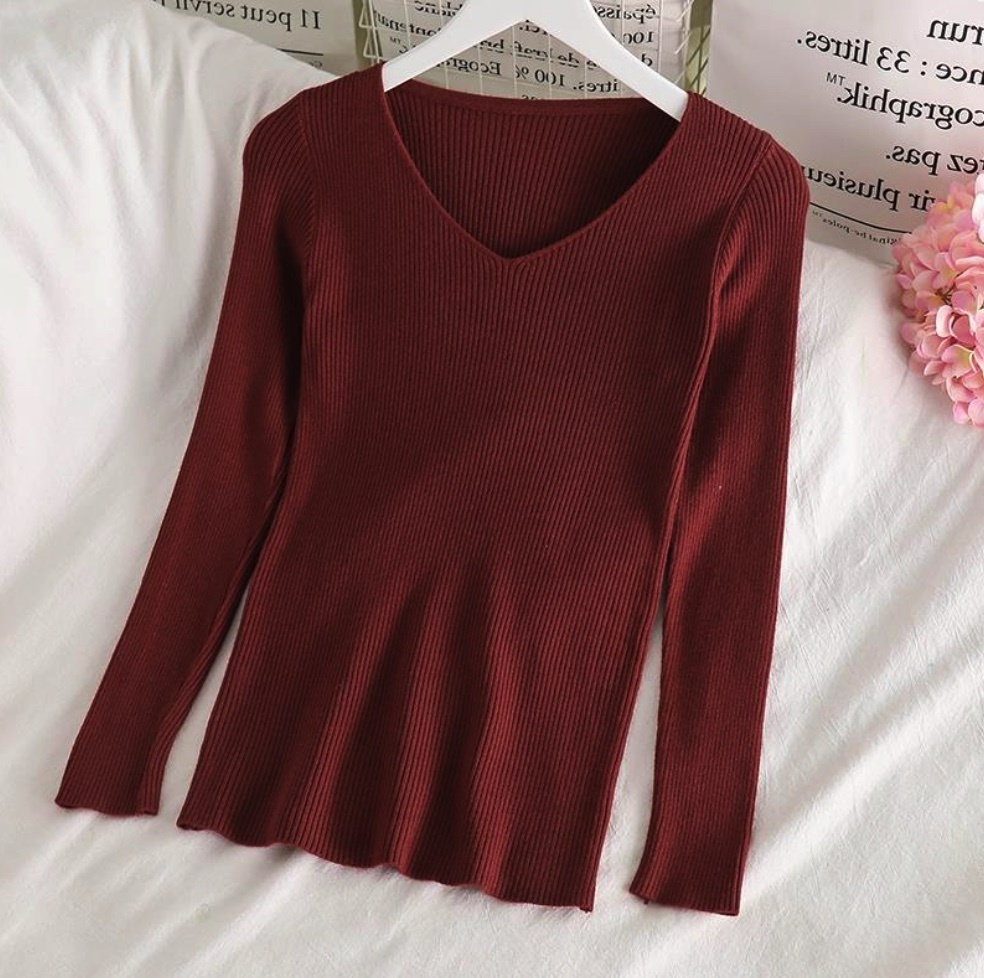 Hot selling temperament v-neck bottoming shirt niche long-sleeved sweater (maroon) (size: one size fits all)