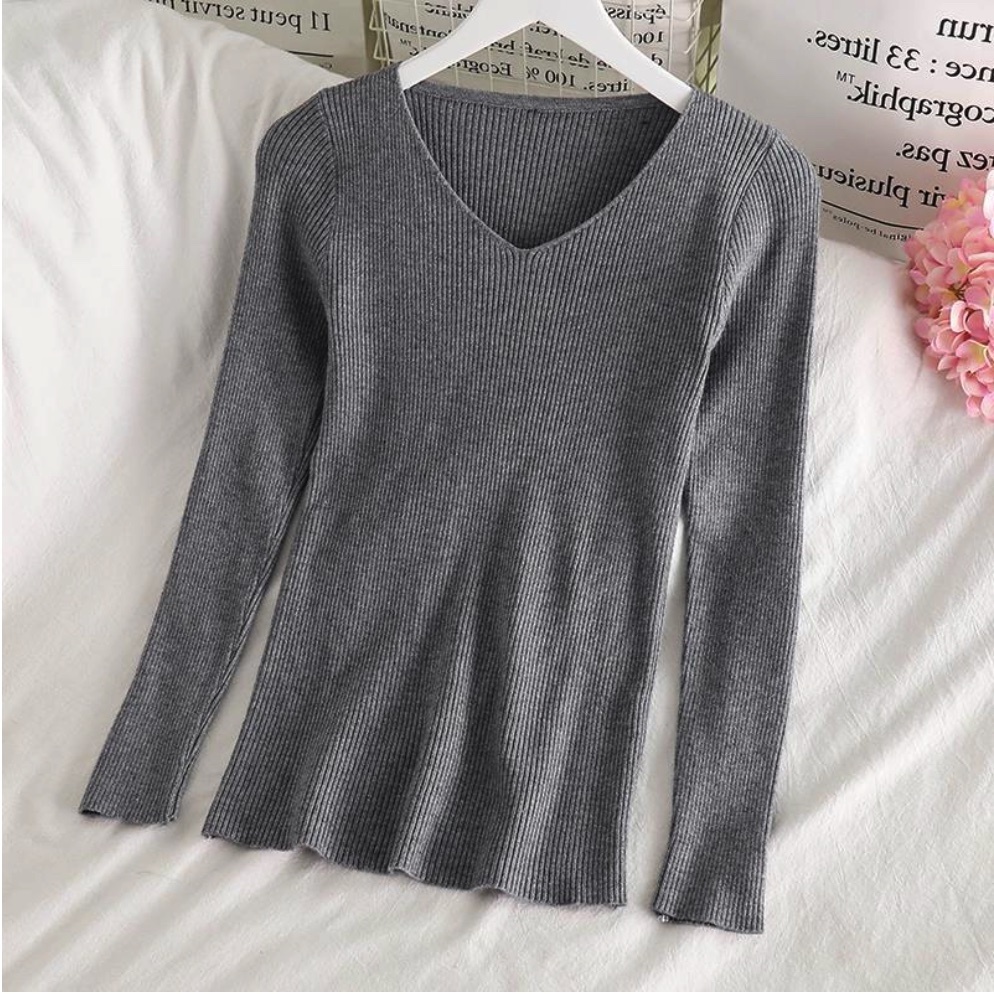 Hot selling temperament v-neck bottoming shirt niche long-sleeved sweater (medium gray) (size: one size)