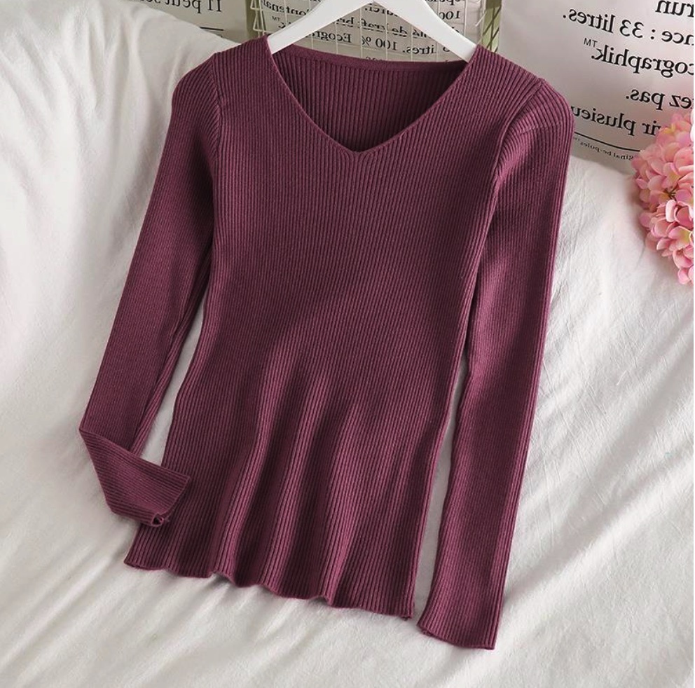 Hot selling temperament v-neck bottoming shirt niche long-sleeved sweater (purple) (size: one size)