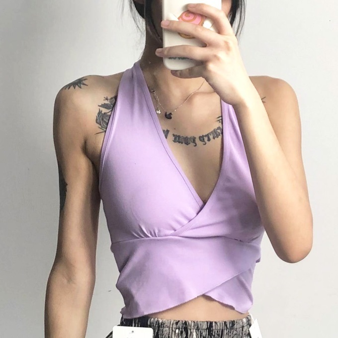 Hot selling fungus hem cross halter top (purple) (S/M size) (contact customer service after placing order to confirm delivery size)