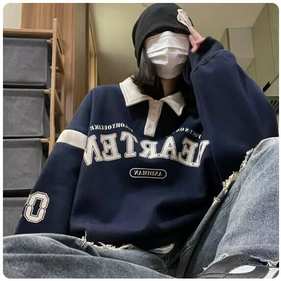 Retro print lapel sweatshirt man (navy blue [size S_XL] (contact customer service to confirm the shipping size after placing an order)