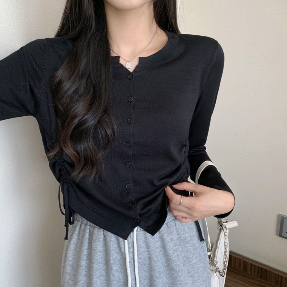 Hot Selling Niche Drawstring Long Sleeve Bottoming Shirt for Women (Black) (Size: One Size)