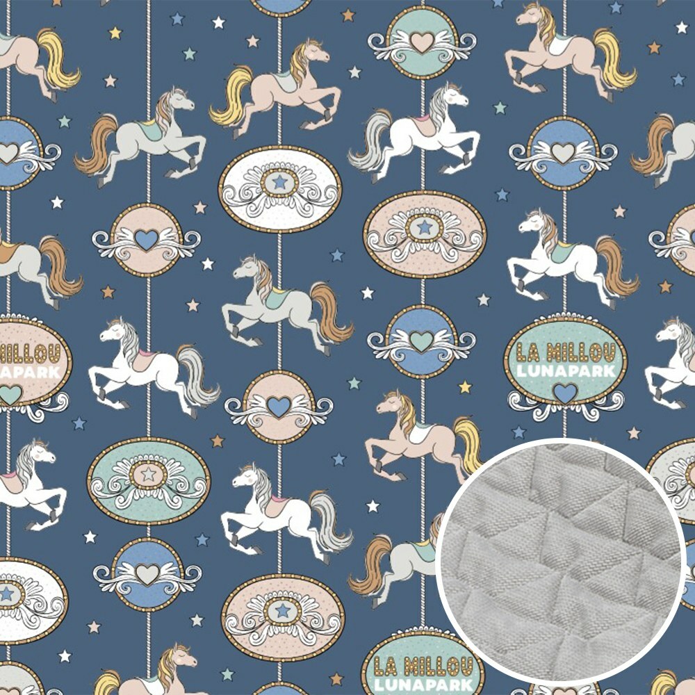 La Millou波蘭 Velvet頂級棉柔雙面柔柔毯大人款｜旋轉小木馬(藍底)｜舒柔深灰