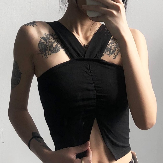 Hot selling smocked wide shoulder strap vest (black) (S/M size) (contact customer service after placing order to confirm delivery size)