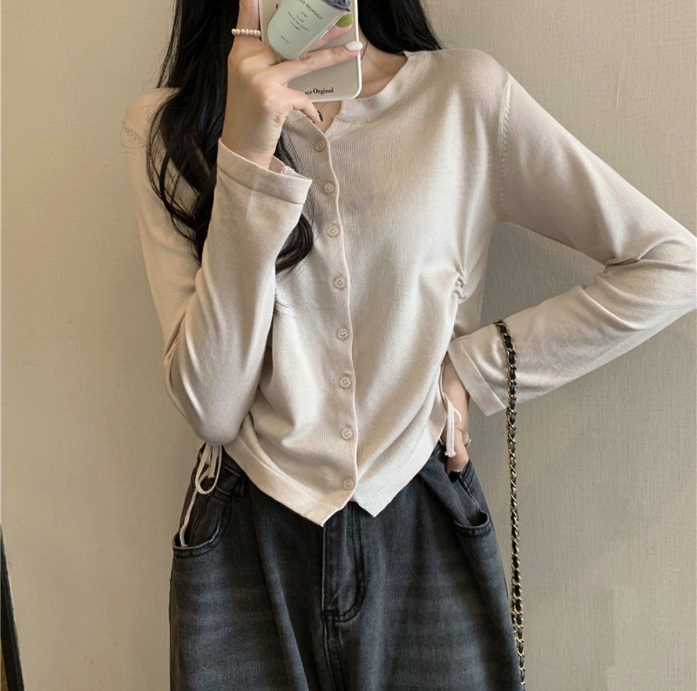Hot Selling Niche Drawstring Long Sleeve Bottoming Shirt for Women (Apricot) (Size: One Size)