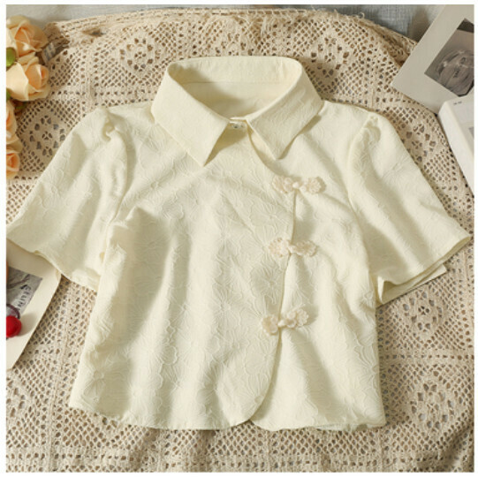 Cropped Shirt with Disc Button (Apricot) (One Size)