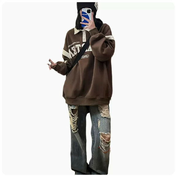 Retro print lapel sweatshirt man (coffee color [S_XL size] (contact customer service to confirm the shipping size after placing an order)