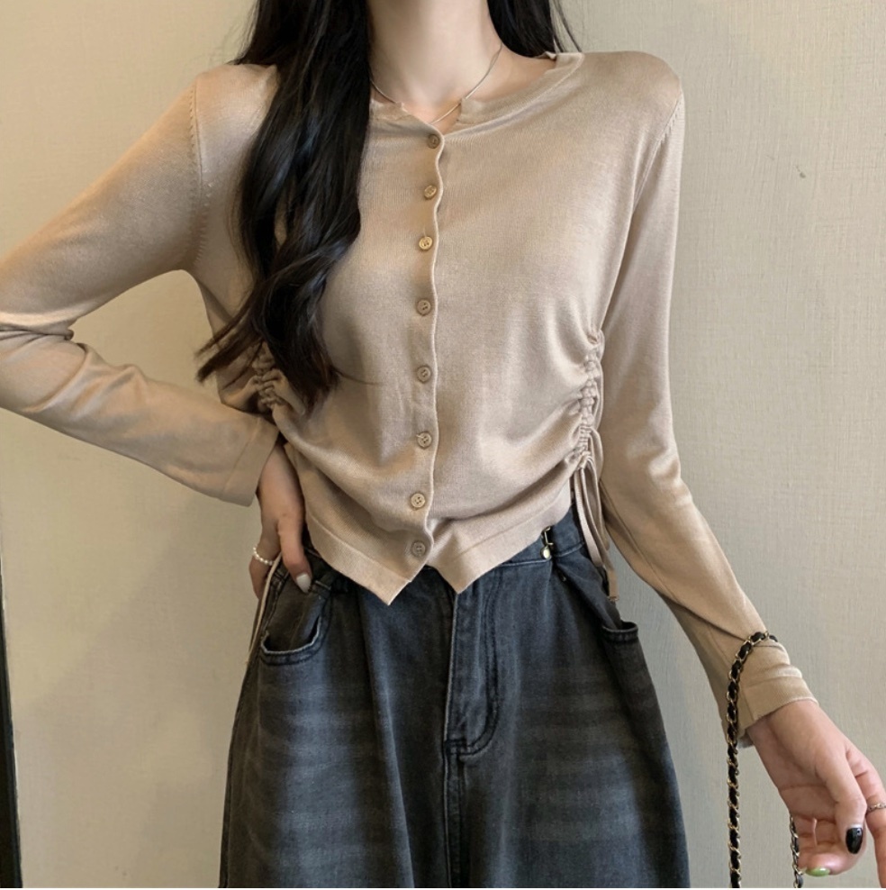 Hot Selling Niche Drawstring Long Sleeve Bottoming Shirt for Women (Camel) (Size: One Size)
