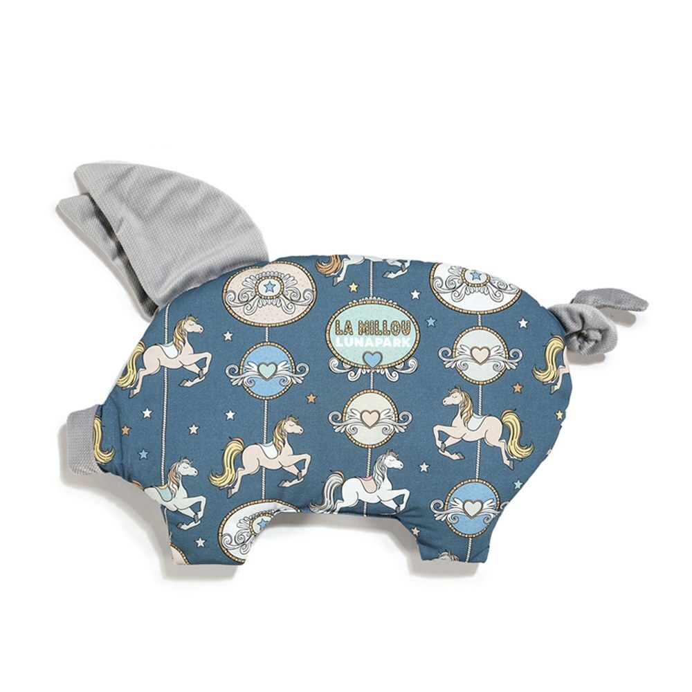 La Millou波蘭 Velvet頂級棉柔小豬枕｜旋轉小木馬(藍底)｜舒柔深灰