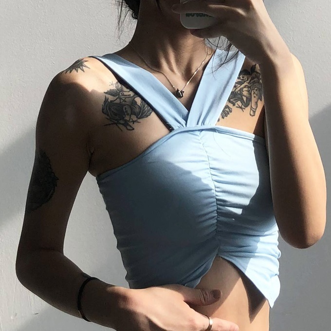 Hot selling smocked wide shoulder strap vest (blue) (S/M size) (contact customer service after placing order to confirm delivery size)