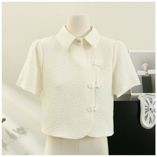 Cropped Shirt with Disc Button (Apricot Jacquard) (One Size)