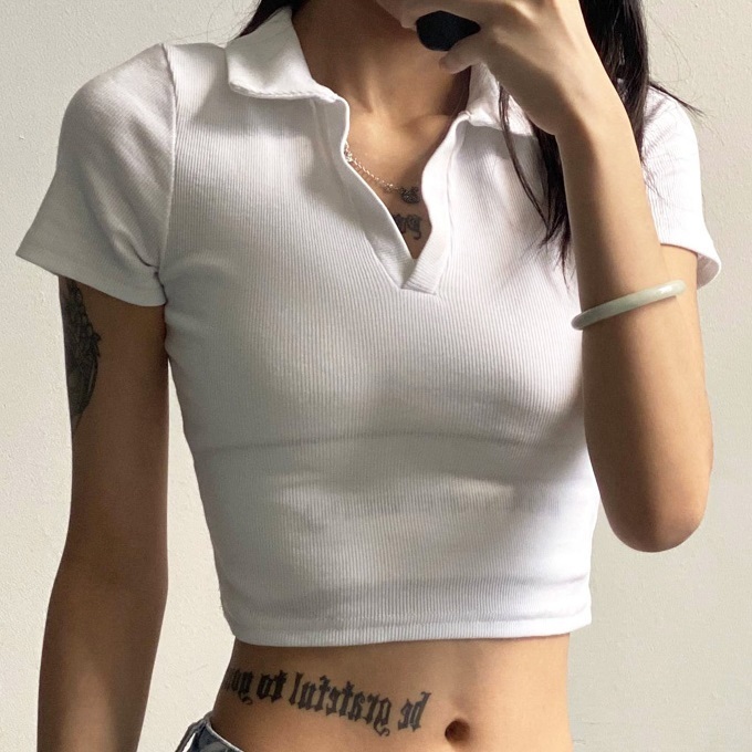 Hot selling Polo collar big V short-sleeved T-shirt (white) (S/M size) (contact customer service after placing the order to confirm the delivery size)